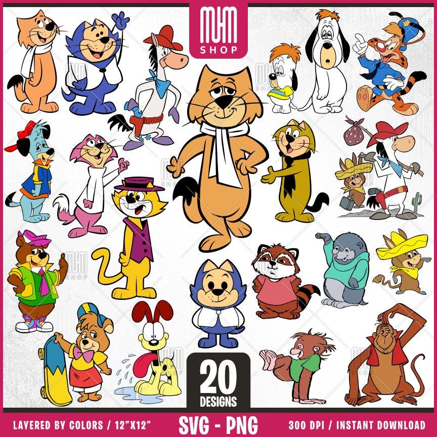 Retro Cartoon Characters - Animals Svg Png, 20 Designs Easy to use, 70s, 80s, Layered Svg by colors, Transparent Png, Cut Files for Cricut.