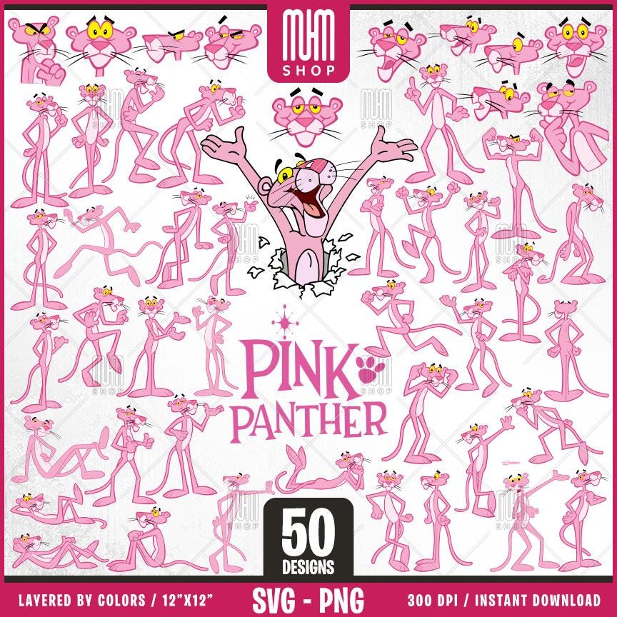 Pink Panther Svg Png, 50 Designs Easy to use, Cartoon Characters Cliparts, Layered Svg by colors, Transparent Png, Easy cut files for Cricut