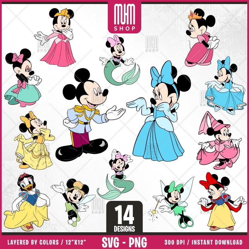 Mouse Princess Svg, 14 Designs Easy to use, Cartoon Characters Clipart, Layered Svg by colors, Transparent Png, Easy cut files for Cricut.