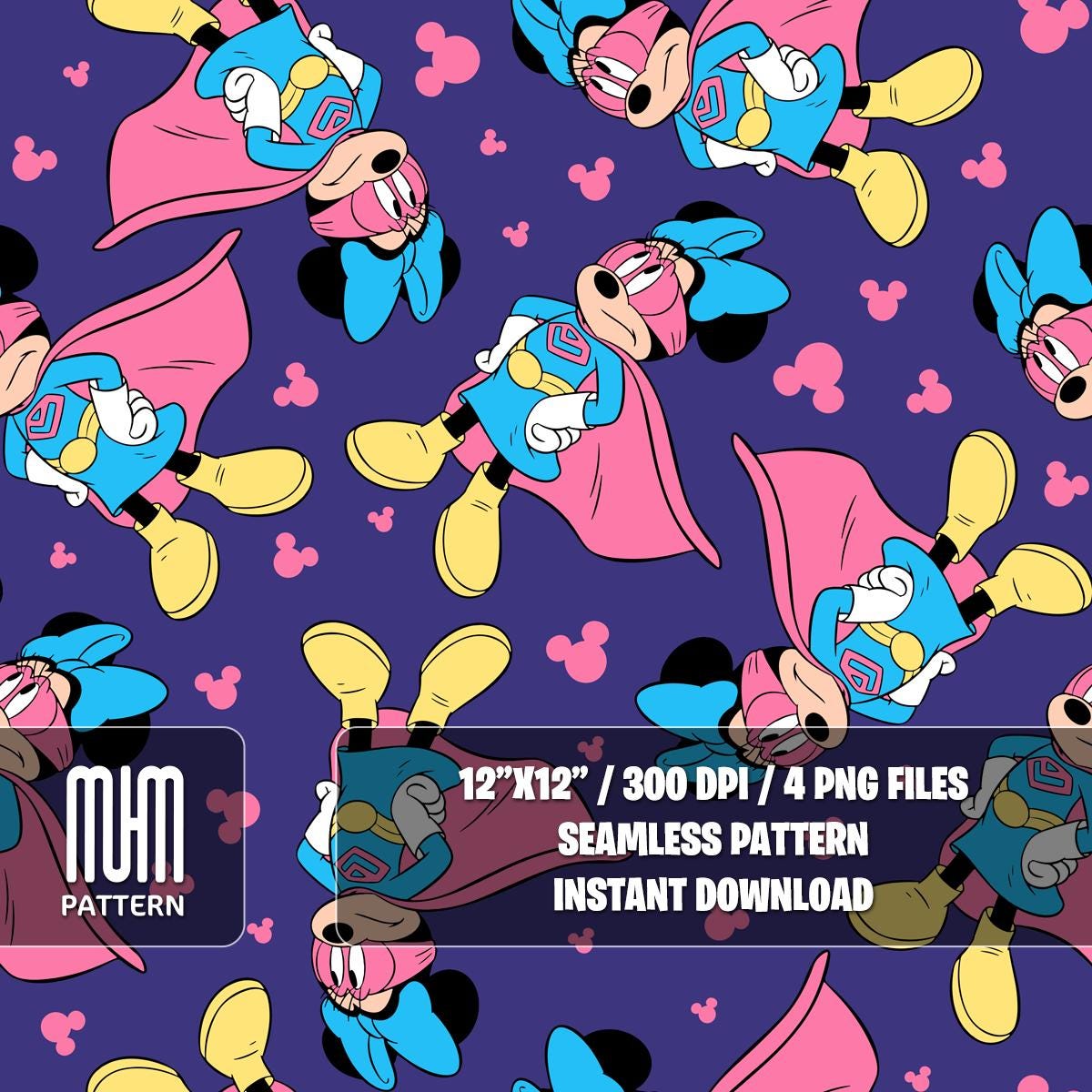 Seamless Pattern PNG, Minnie Mouse Superheroes, Mouse And Friends, Cartoon Characters, Fabric Design Sublimation, Ready for Textile Prints.