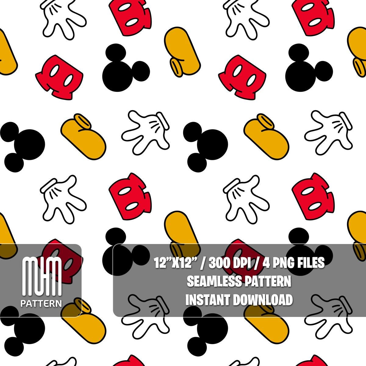 Seamless Pattern PNG, Mouse Hands, Magical Kingdom, Cartoon Characters, Repeated Fabric Design Sublimation, Ready for Textile Prints.