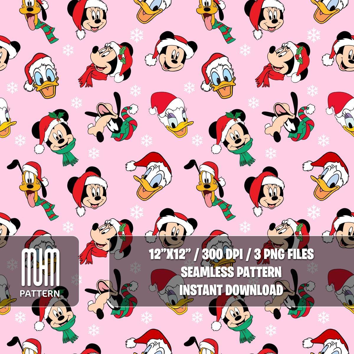 Seamless Pattern PNG, Merry Christmas, Mouse and Friends, Cartoon Characters, Xmas Day, Fabric Design Sublimation, Ready for Textile Prints.