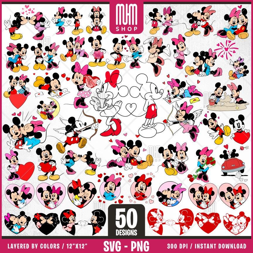 Mouse and Minnie at Valentine Svg Png, 50 Designs Easy to use Cartoon Characters, Layered Svg by colors Transparent Png Cut files for Cricut