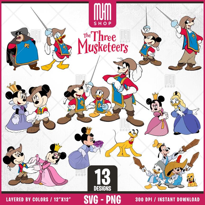 The Three Musketeers Svg, 13 Designs Easy to use, Cartoon Characters, Layered Svg by colors, Transparent Png, Easy cut files for Cricut.