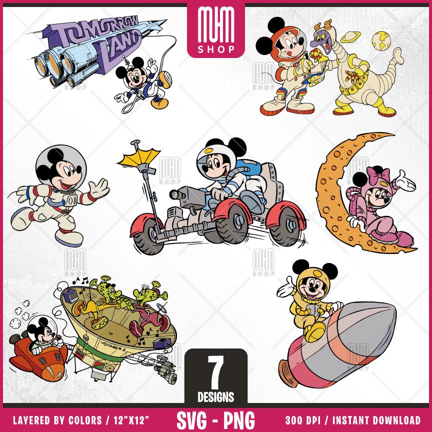Mouse And Minnie Astronaut Svg Png, 7 Designs Easy to use Cartoon Characters Layered Svg by colors, Transparent Png, Cut Files for Cricut.