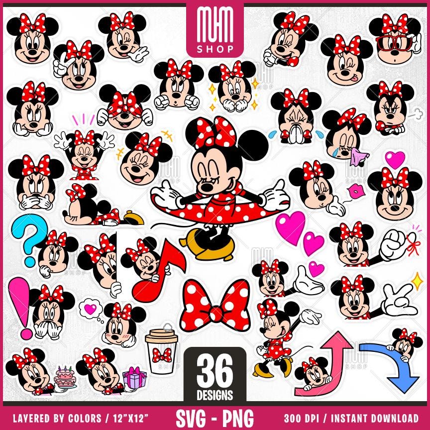 Stickers Minnie Mouse Svg, 36 Designs Easy to use, Cartoon Characters, Layered Svg by colors, Transparent Png, Easy cut files for Cricut.