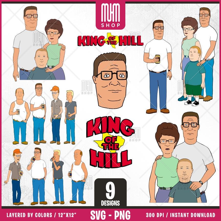King Of The Hill Svg Png, 9 Designs Easy to use, Cartoon Characters, Layered Svg by colors, Transparent Png, Easy cut files for Cricut.