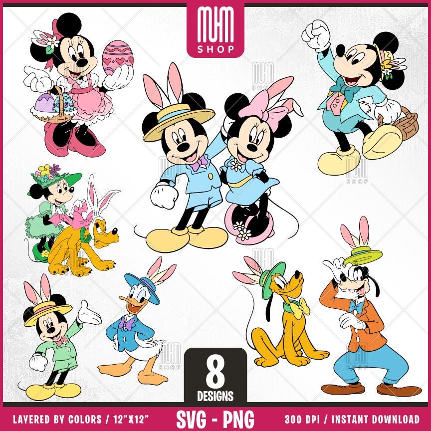 Mouse And Friends At Easter Svg Png, 8 Designs Easy to use, Cartoon Characters, Layered Svg by colors, Transparent Png, Cut files for Cricut