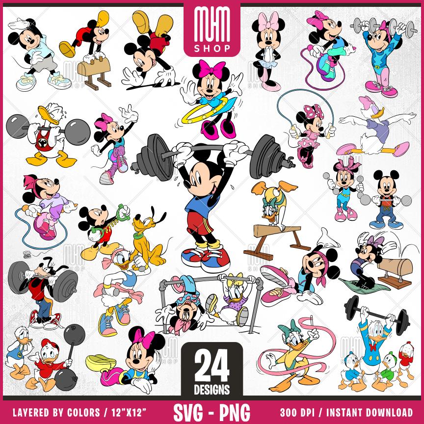 Mouse And Friends at GYM Svg, 24 Designs Easy to use, Cartoon Characters, Layered Svg by colors, Transparent Png, Easy cut files for Cricut.