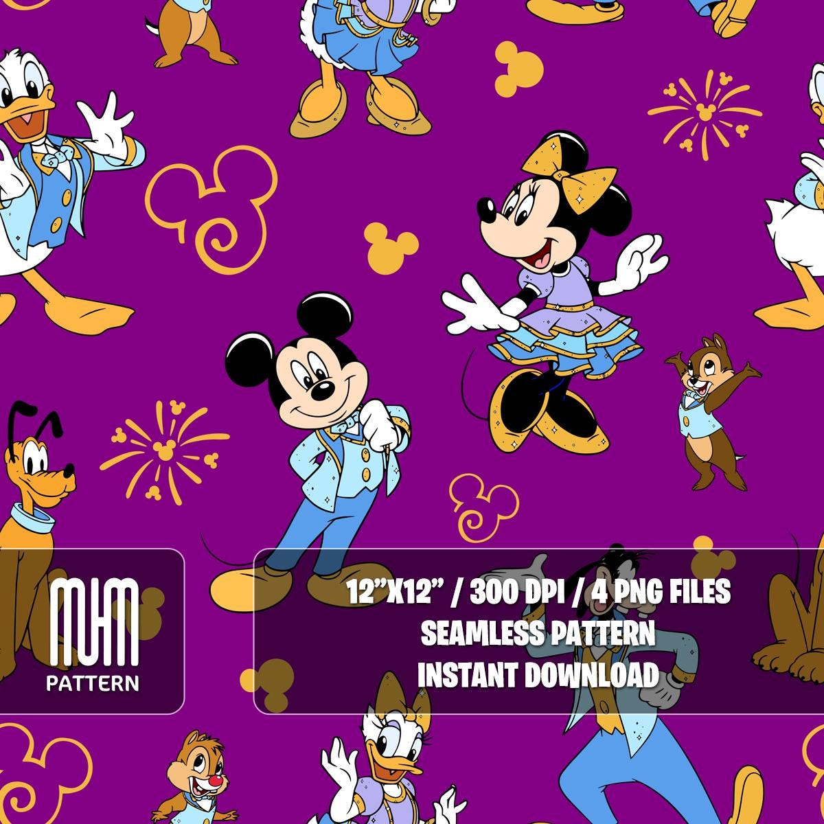 Seamless Pattern PNG, Mouse And Friends 50th Anniversary, Cartoon Characters, Repeated Fabric Design Sublimation, Ready for Textile Prints.