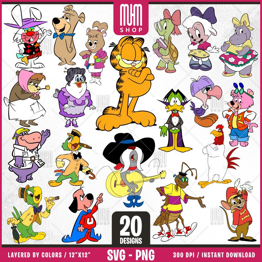 Retro Cartoon Characters - Animals Svg Png, 20 Designs Easy to use, 70s, 80s, Layered Svg by colors, Transparent Png, Cut Files for Cricut.