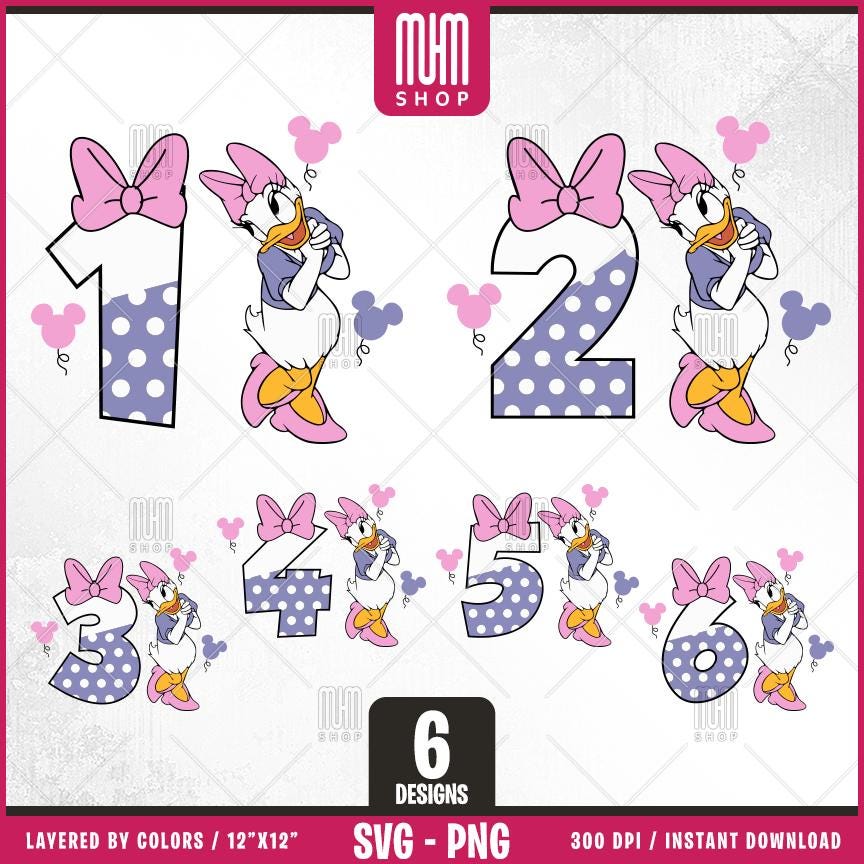 Daisy Duck Birthday Numbers Svg Png, 6 Designs Easy to use, Cartoon Characters, Layered Svg by colors, Transparent Png, Cut files for Cricut