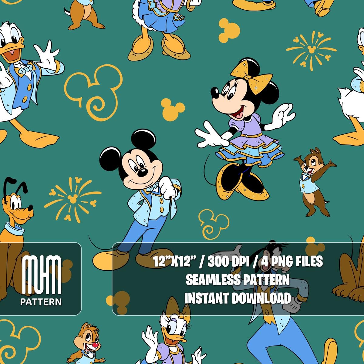 Seamless Pattern PNG, Mouse And Friends 50th Anniversary, Cartoon Characters, Repeated Fabric Design Sublimation, Ready for Textile Prints.