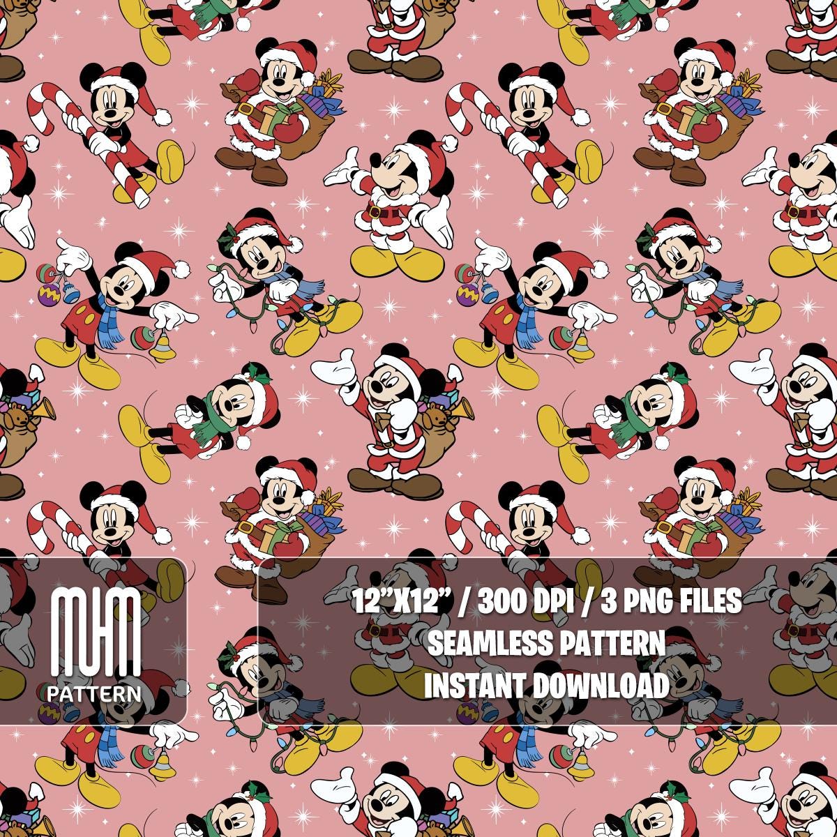 Seamless Pattern PNG, Merry Christmas, Mouse and Friends, Cartoon Characters, Noel Day, Fabric Design Sublimation, Ready for Textile Prints.