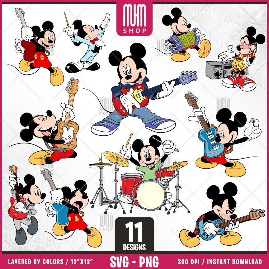 Mouse And Music Svg Png, 11 Designs Easy to use Cartoon Characters, Layered Svg by colors, Transparent Png, Cut files for Cricut.