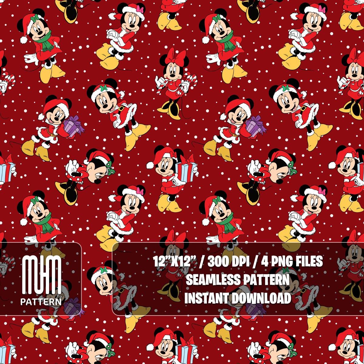 Seamless Pattern PNG, Merry Christmas, Minnie Mouse Xmas, Cartoon Characters, Noel Day, Fabric Design Sublimation, Ready for Textile Prints.
