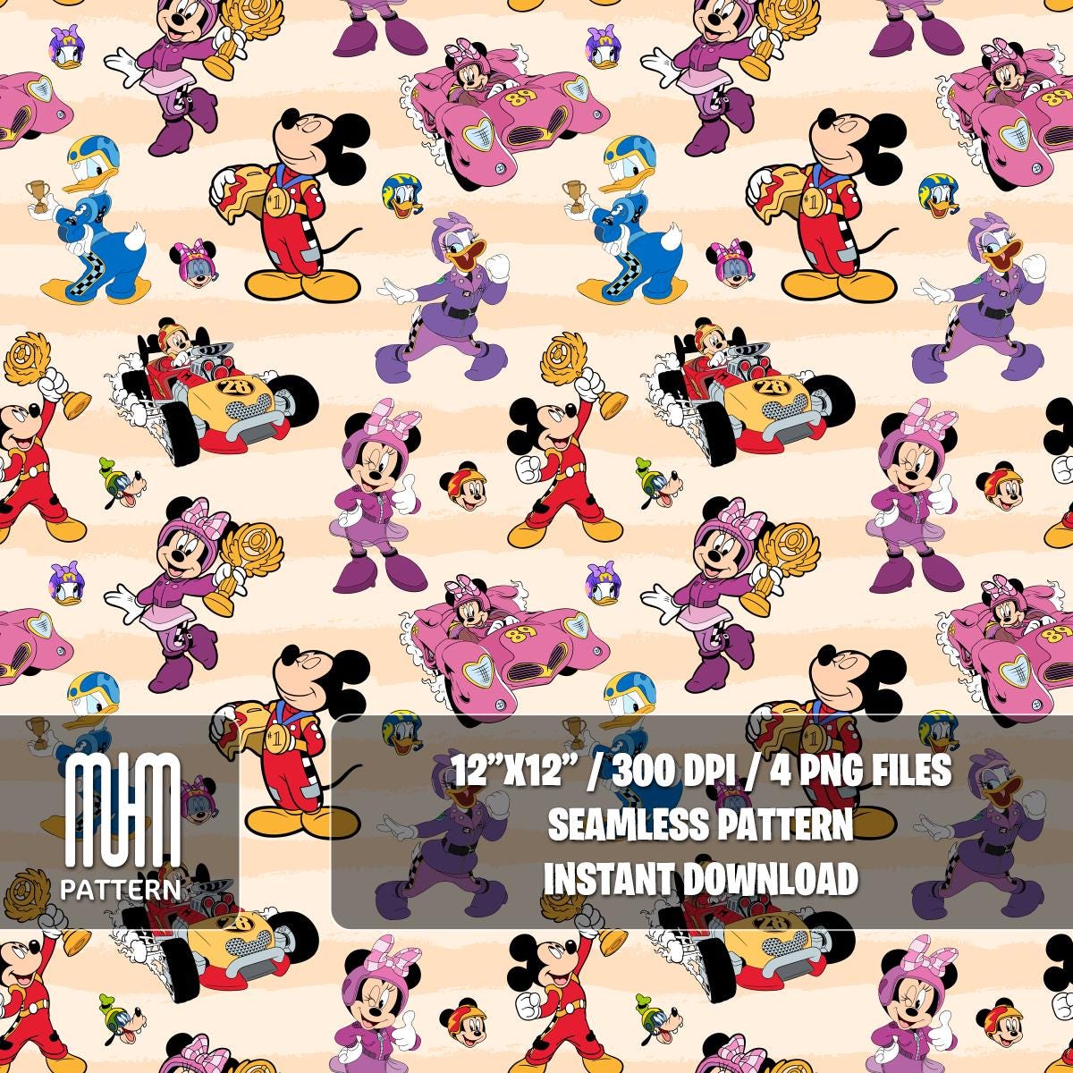 Seamless Pattern PNG, Mouse and Friends Roadster Racers, Cartoon Characters, Repeat Png, Fabric Design Sublimation, Ready for Textile Prints