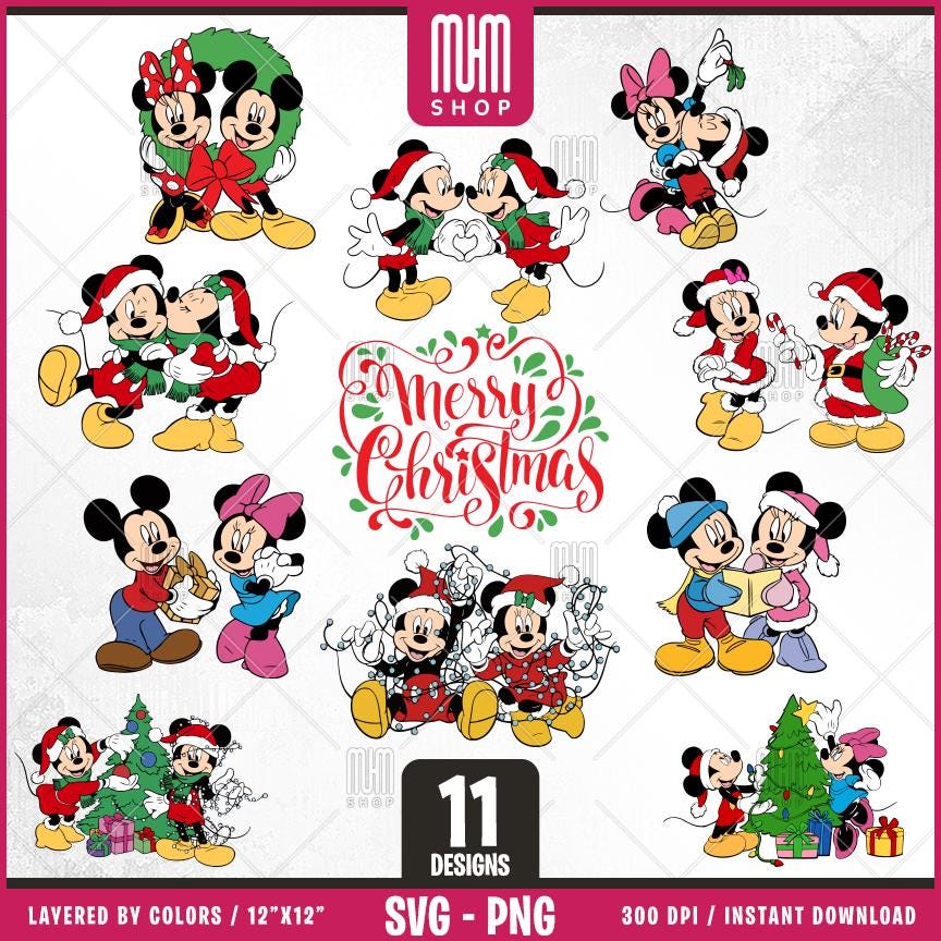 Mouse and Minnie Merry Christmas Svg Png, 11 Designs Easy to use Cartoon Characters, Layered Svg by colors, Transparent Png files for Cricut