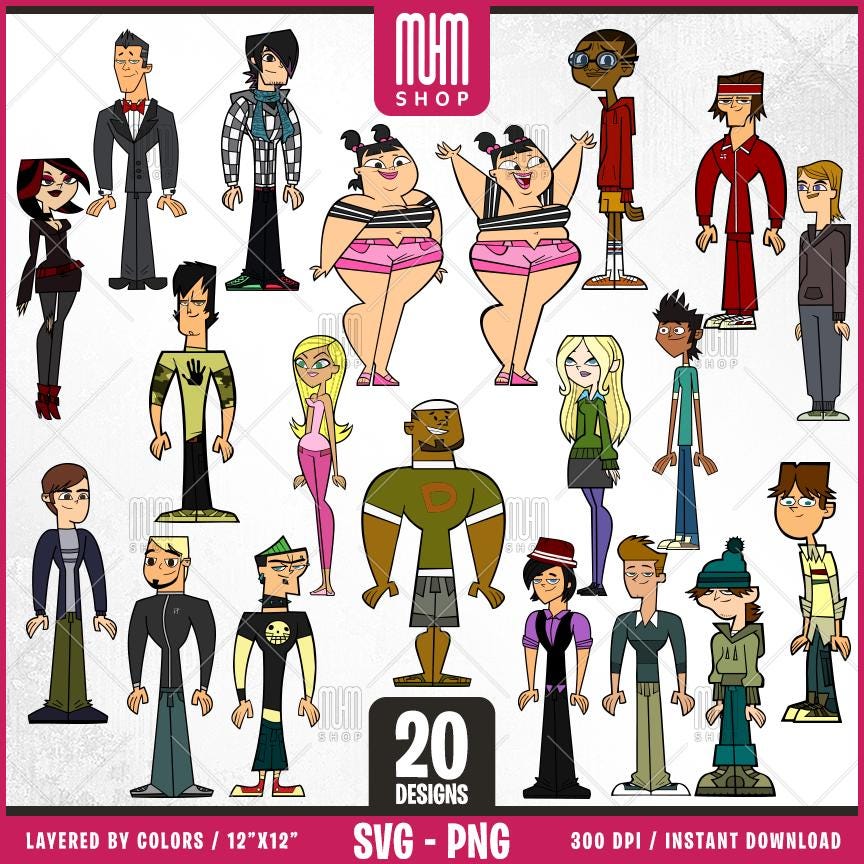 Total Drama Svg Png Set2, 20 Designs Easy to use, Cartoon Characters Cliparts, Layered Svg by colors, Transparent Png, Cut files for Cricut.