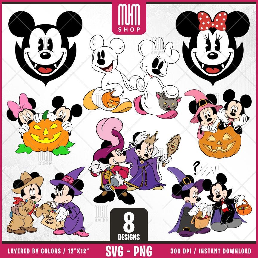 Mouse And Minnie Halloween Svg Png, 8 Designs Easy to use Cartoon Characters, Layered Svg by colors, Transparent Png, Cut files for Cricut.