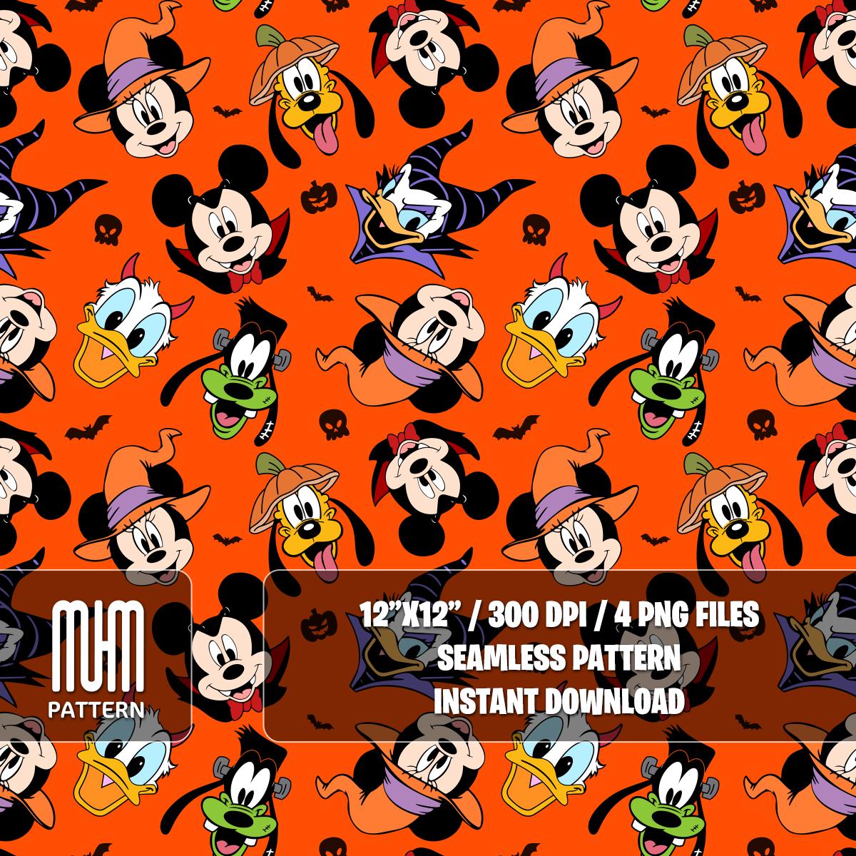 Seamless Pattern PNG, Mouse and Friends Halloween, Mouse Head, Cartoon Characters, Fabric Design Sublimation, Ready for Textile Prints.