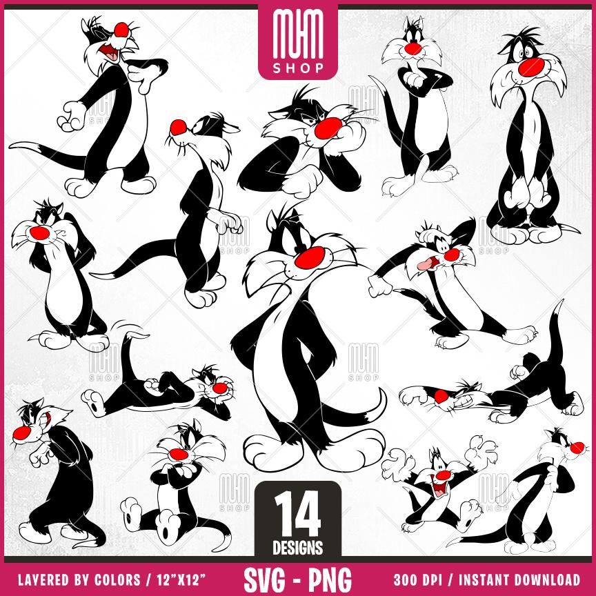 Sylvester Cat Svg Png, 14 Designs Easy to use, Cartoon Characters Clipart, Layered Svg by colors, Transparent Png, Easy cut files for Cricut
