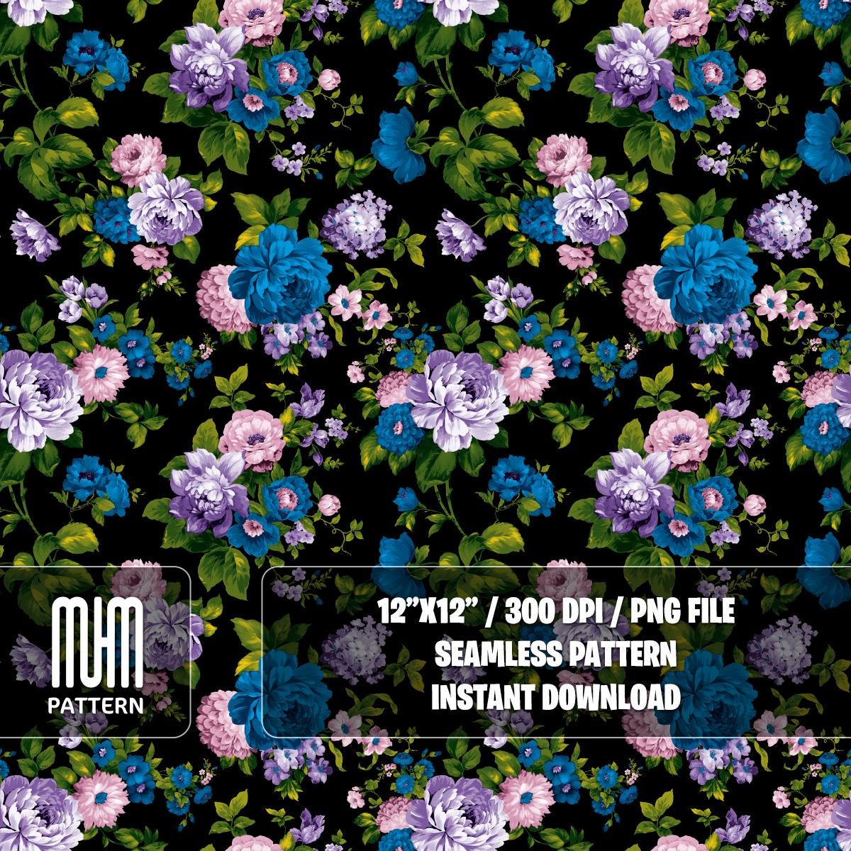 Seamless Pattern, Watercolor Floral Pattern, Black Background, Modern Design, Fabric Design Sublimation, Ready for Textile Prints.