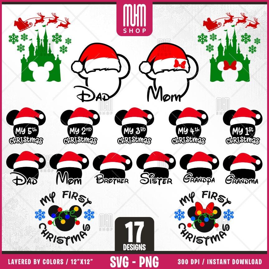 Merry Christmas Mouse Head Svg Png, 17 Designs Easy to use, Magical Kingdom Bundle Png, Family Trip, Castel Svg, Easy cut files for Cricut.