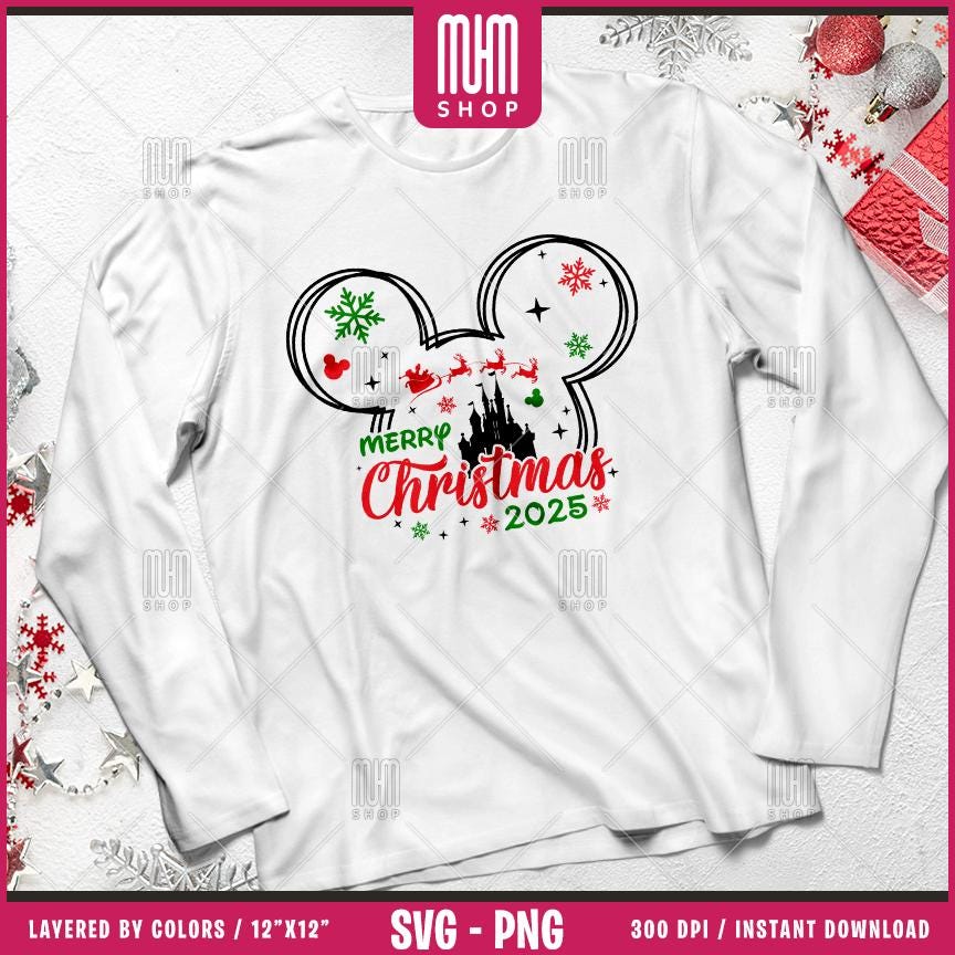 Merry Christmas 2025 Svg Png, 8 Designs Easy to use, Magical Kingdom Bundle, Family Trip, Castel Svg, Mouse Head, Easy cut files for Cricut.