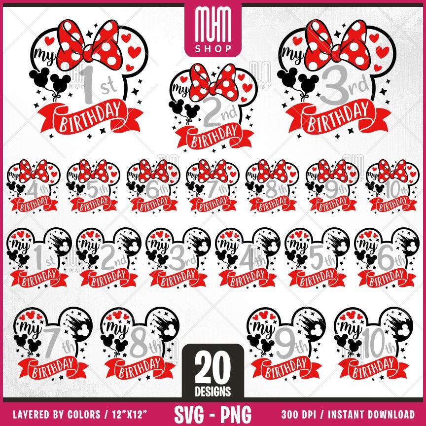 Mouse Head My Birthday Birthday Svg Png, 20 Designs Easy to use Cartoon Characters, Layered Svg by colors, Transparent Png, files for Cricut