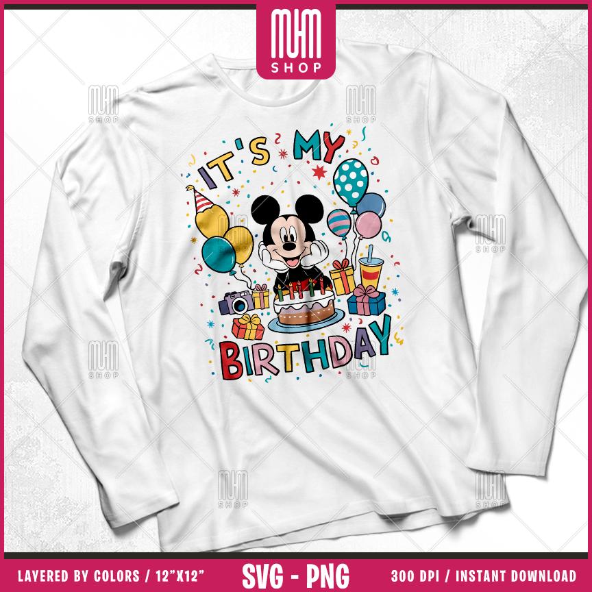 Mouse And Friends Its My Birthday Svg Png, 7 Designs Easy to use, Happy Birthday, Layered Svg by colors, Transparent Png, files for Cricut.