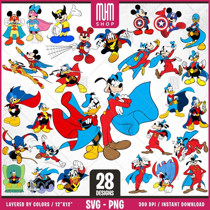 Mouse And Friends Superheroes Svg Png, 28 Designs Easy to use, Cartoon Characters, Layered Svg by colors, Transparent Png, Cut files for Cricut.