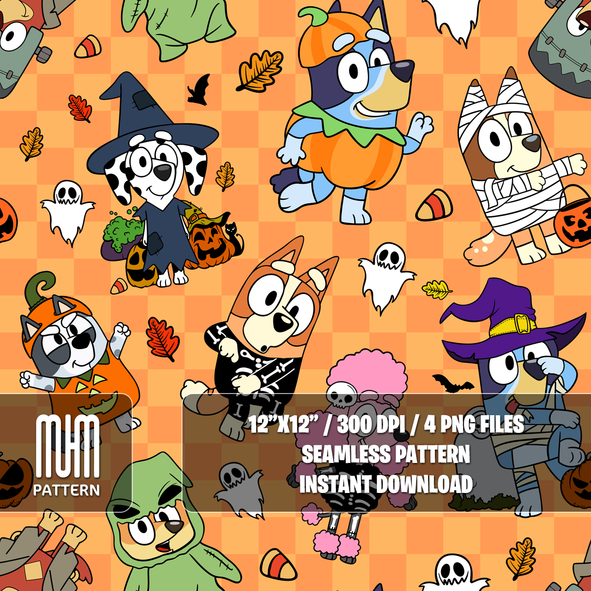 Seamless Pattern PNG, Bluey Dog and Friends Halloween, Cartoon Characters, Fabric Design Sublimation, Ready for Textile Prints.
