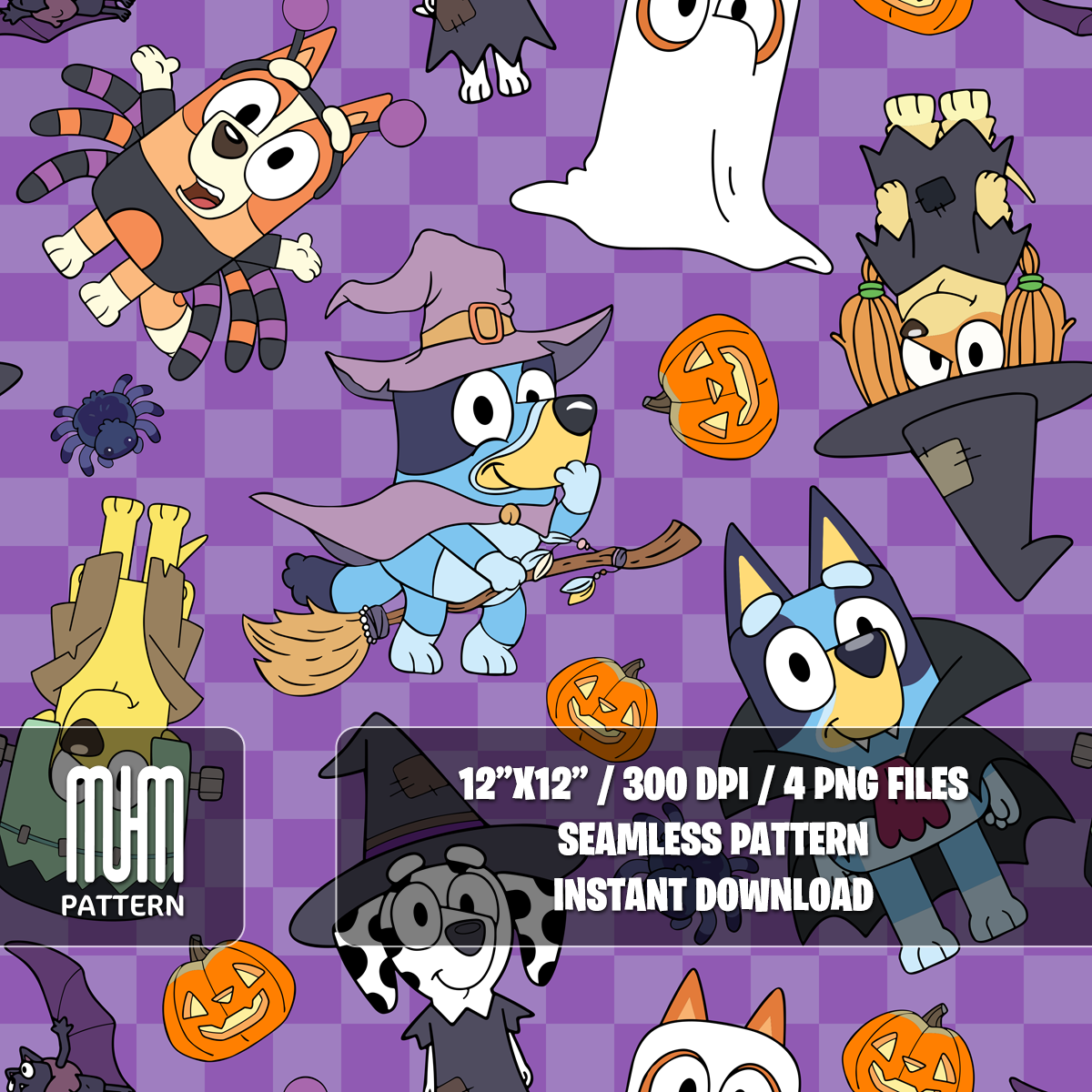Seamless Pattern PNG, Bluey Dog and Friends Halloween, Cartoon Characters, Fabric Design Sublimation, Ready for Textile Prints.