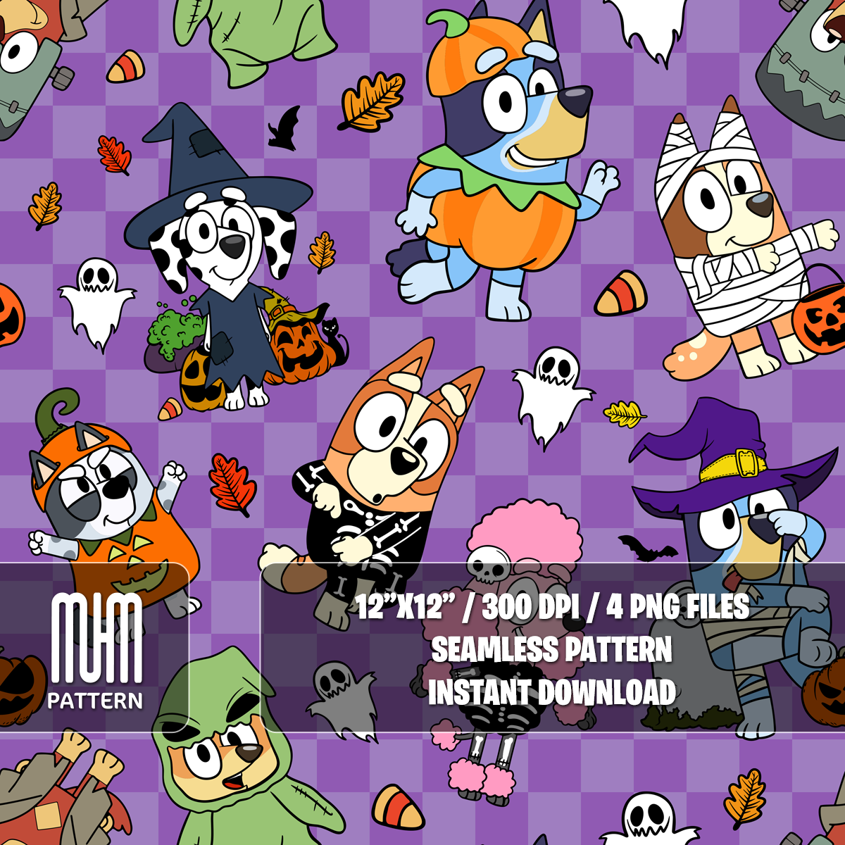 Seamless Pattern PNG, Bluey Dog and Friends Halloween, Cartoon Characters, Fabric Design Sublimation, Ready for Textile Prints.