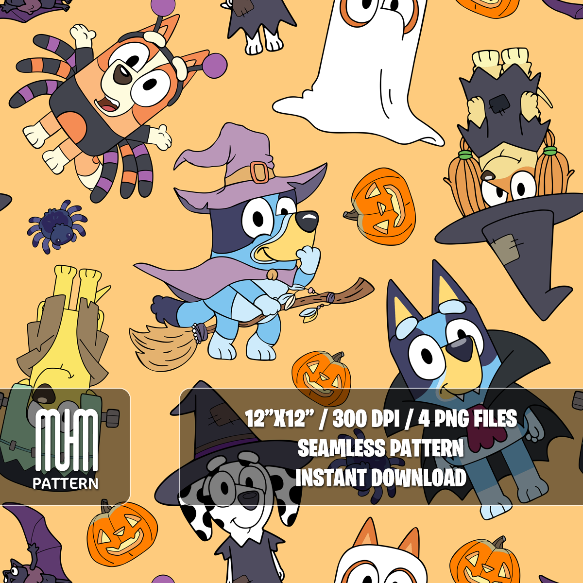 Seamless Pattern PNG, Bluey Dog and Friends Halloween, Cartoon Characters, Fabric Design Sublimation, Ready for Textile Prints.