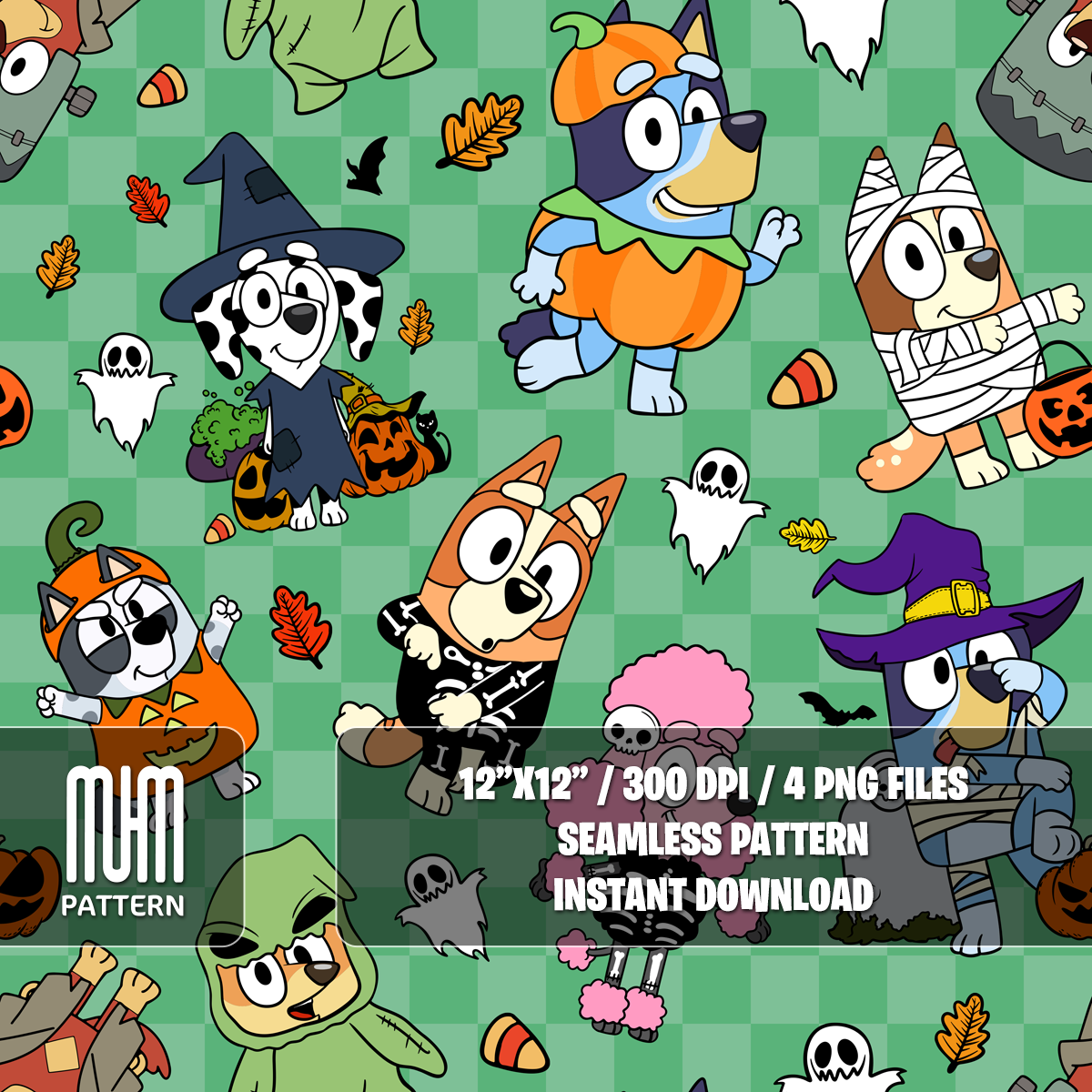 Seamless Pattern PNG, Bluey Dog and Friends Halloween, Cartoon Characters, Fabric Design Sublimation, Ready for Textile Prints.