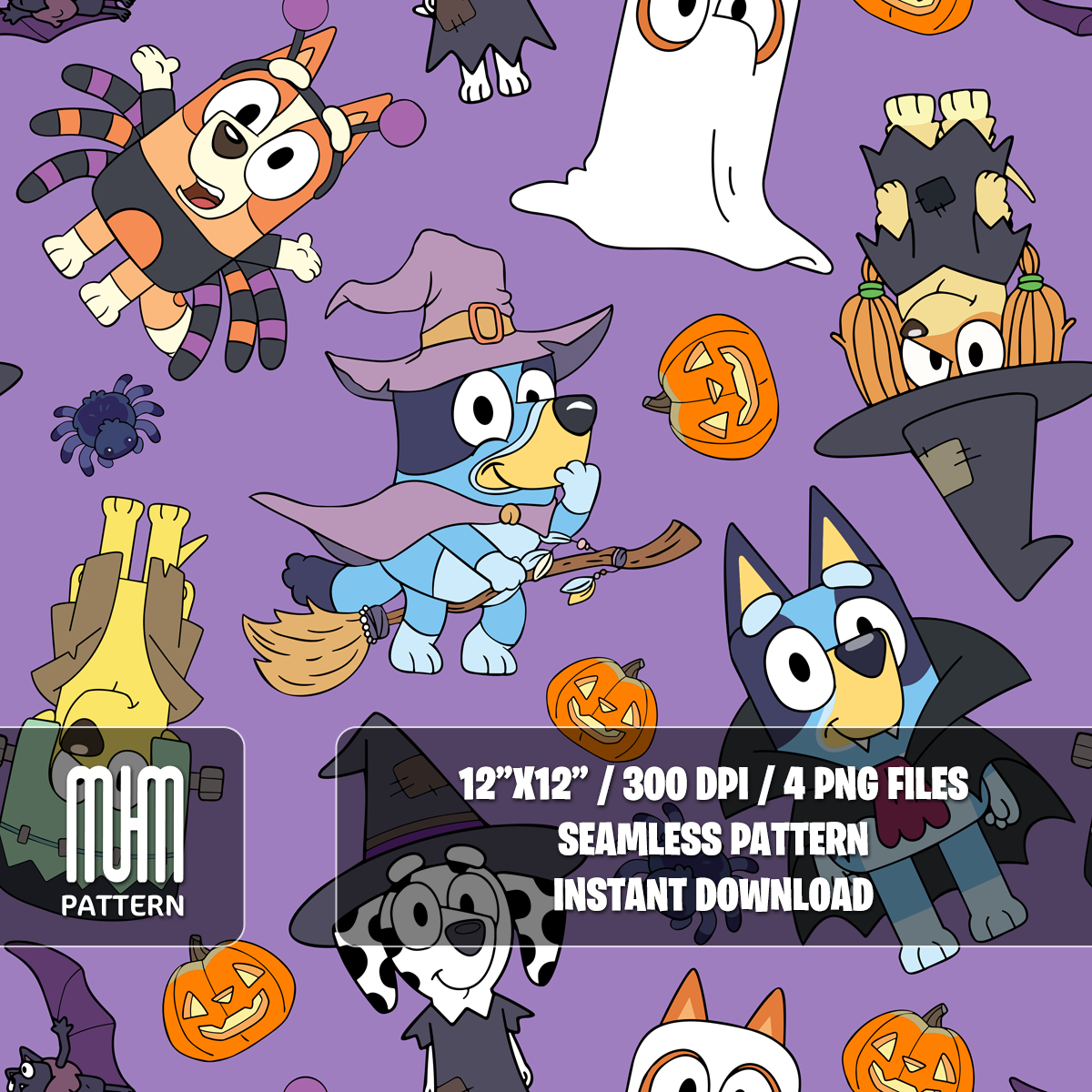 Seamless Pattern PNG, Bluey Dog and Friends Halloween, Cartoon Characters, Fabric Design Sublimation, Ready for Textile Prints.