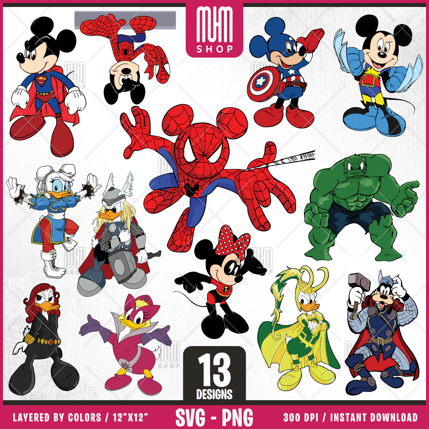 Mouse And Friends Superheroes Svg Png, 13 Designs Easy to use, Cartoon Characters, Layered Svg by colors, Transparent Png, Cut files for Cricut.