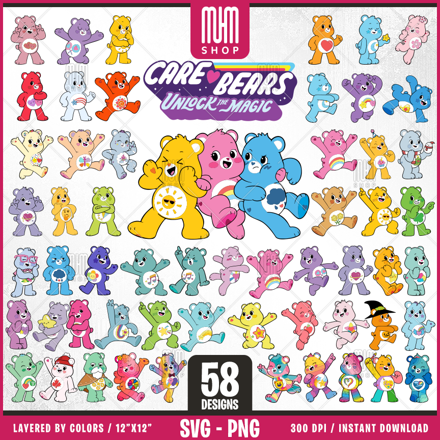 Care Bears UnlockTheMagic Svg Png, Cute Bears, 58 Designs Easy to use, Cartoon Characters, Layered Svg by colors, Transparent Png, Easy cut files for Cricut.