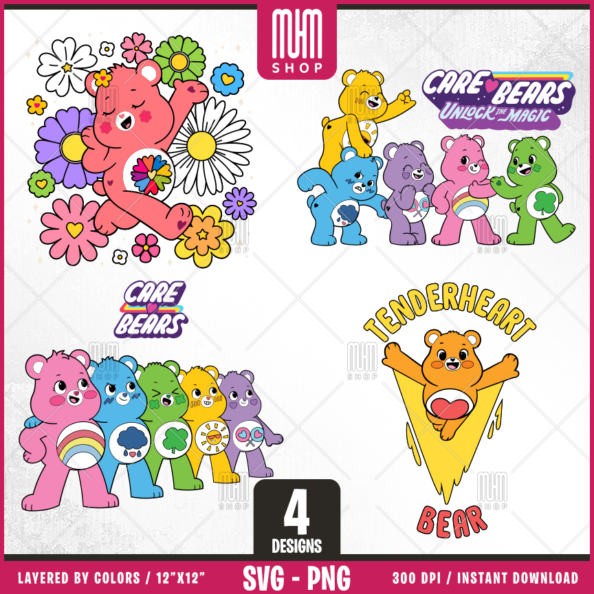 Care Bears UnlockTheMagic Svg Png, Cute Bears, 4 Designs Easy to use, Cartoon Characters, Layered Svg by colors, Transparent Png, Easy cut files for Cricut.