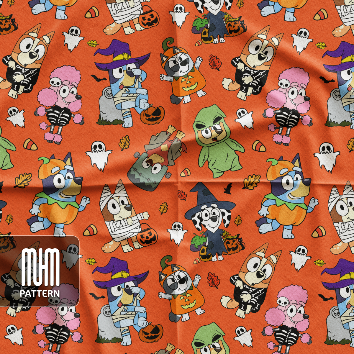 Seamless Pattern PNG, Bluey Dog and Friends Halloween, Cartoon Characters, Fabric Design Sublimation, Ready for Textile Prints.