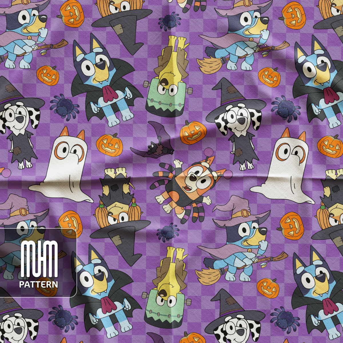 Seamless Pattern PNG, Bluey Dog and Friends Halloween, Cartoon Characters, Fabric Design Sublimation, Ready for Textile Prints.