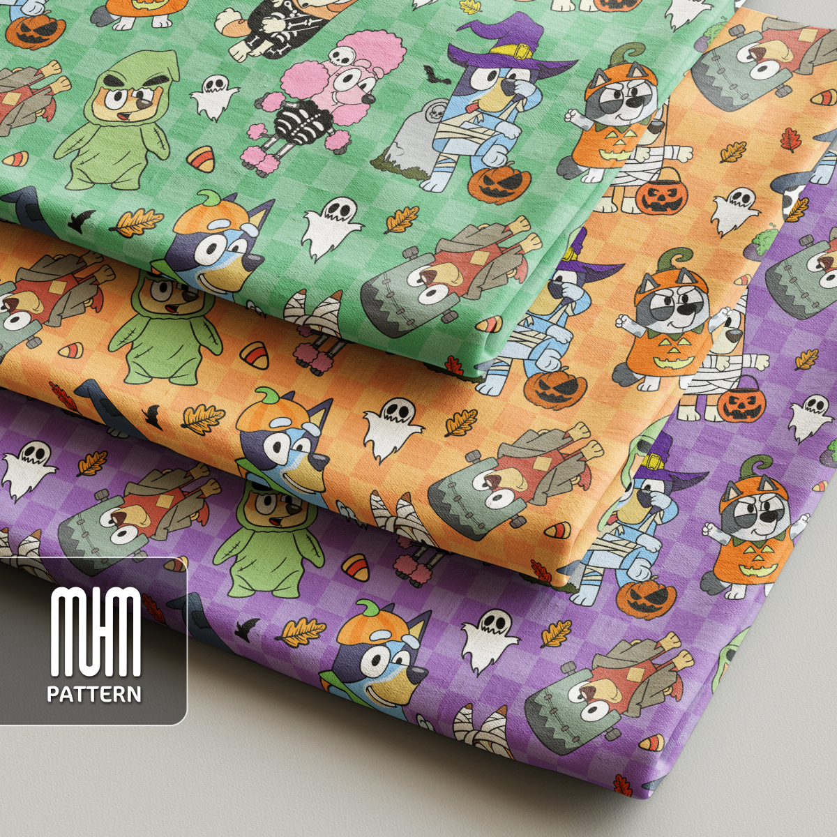 Seamless Pattern PNG, Bluey Dog and Friends Halloween, Cartoon Characters, Fabric Design Sublimation, Ready for Textile Prints.
