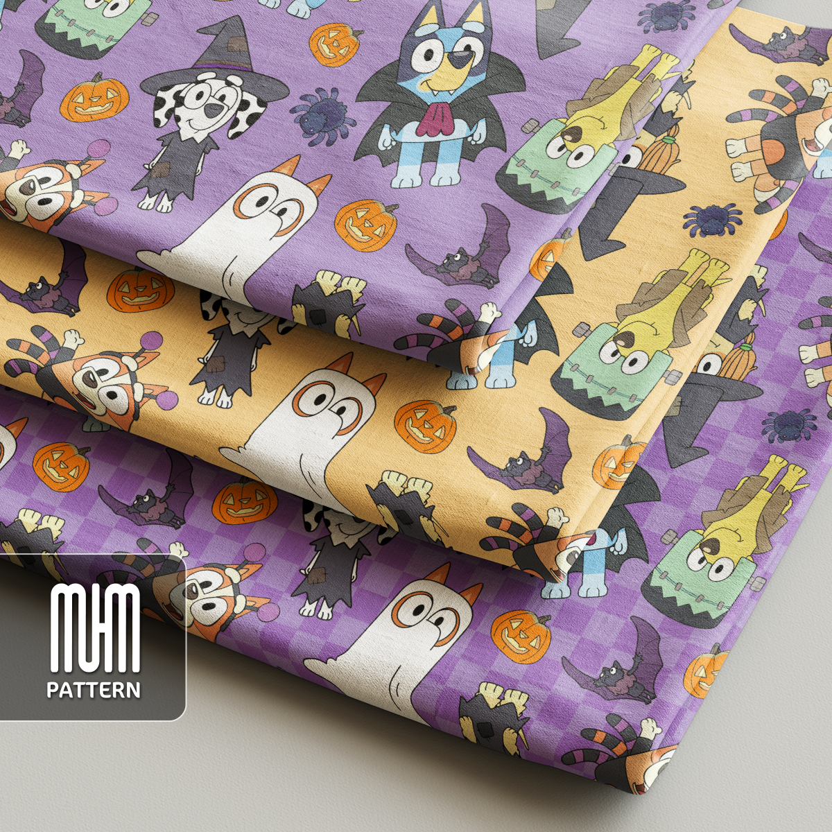 Seamless Pattern PNG, Bluey Dog and Friends Halloween, Cartoon Characters, Fabric Design Sublimation, Ready for Textile Prints.