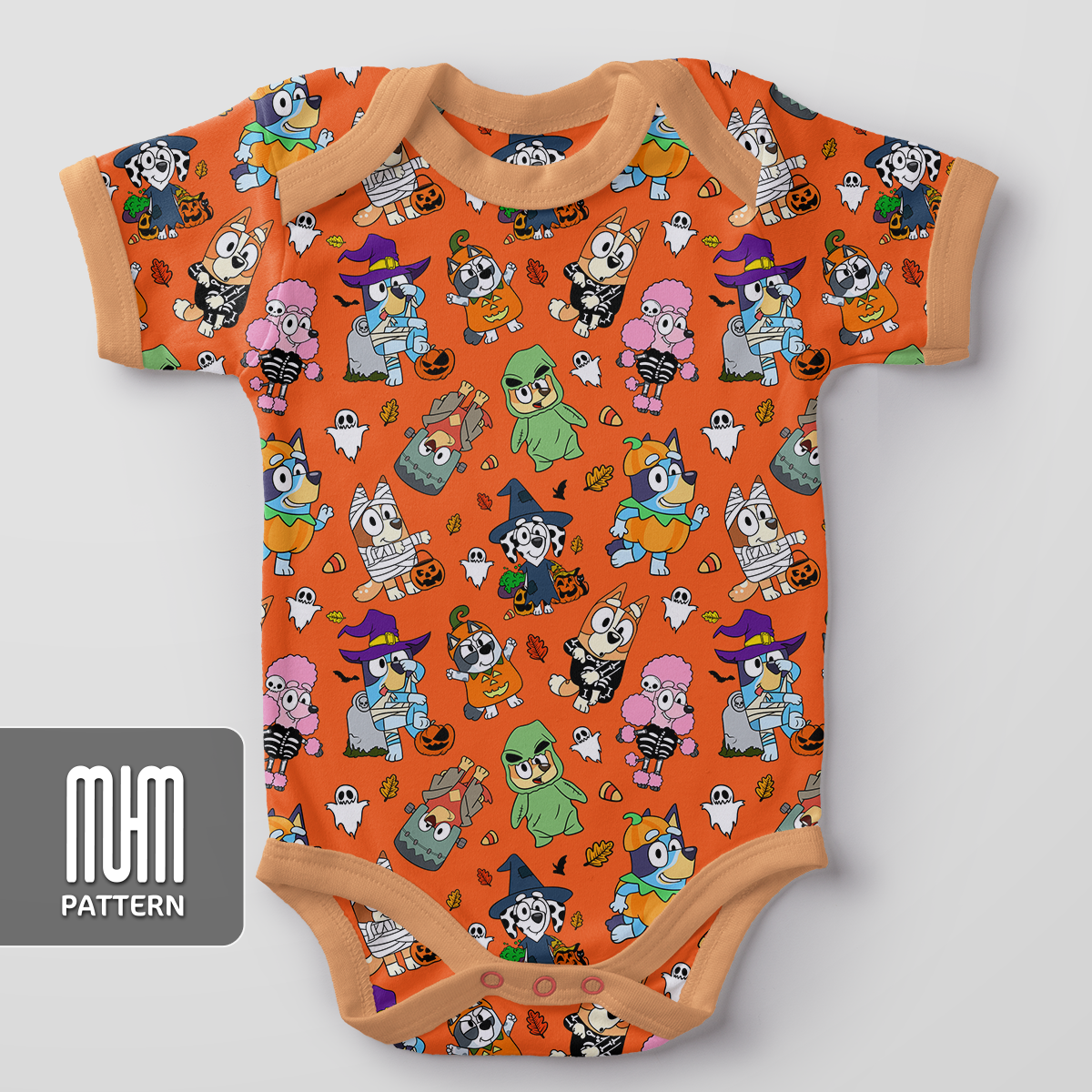 Seamless Pattern PNG, Bluey Dog and Friends Halloween, Cartoon Characters, Fabric Design Sublimation, Ready for Textile Prints.