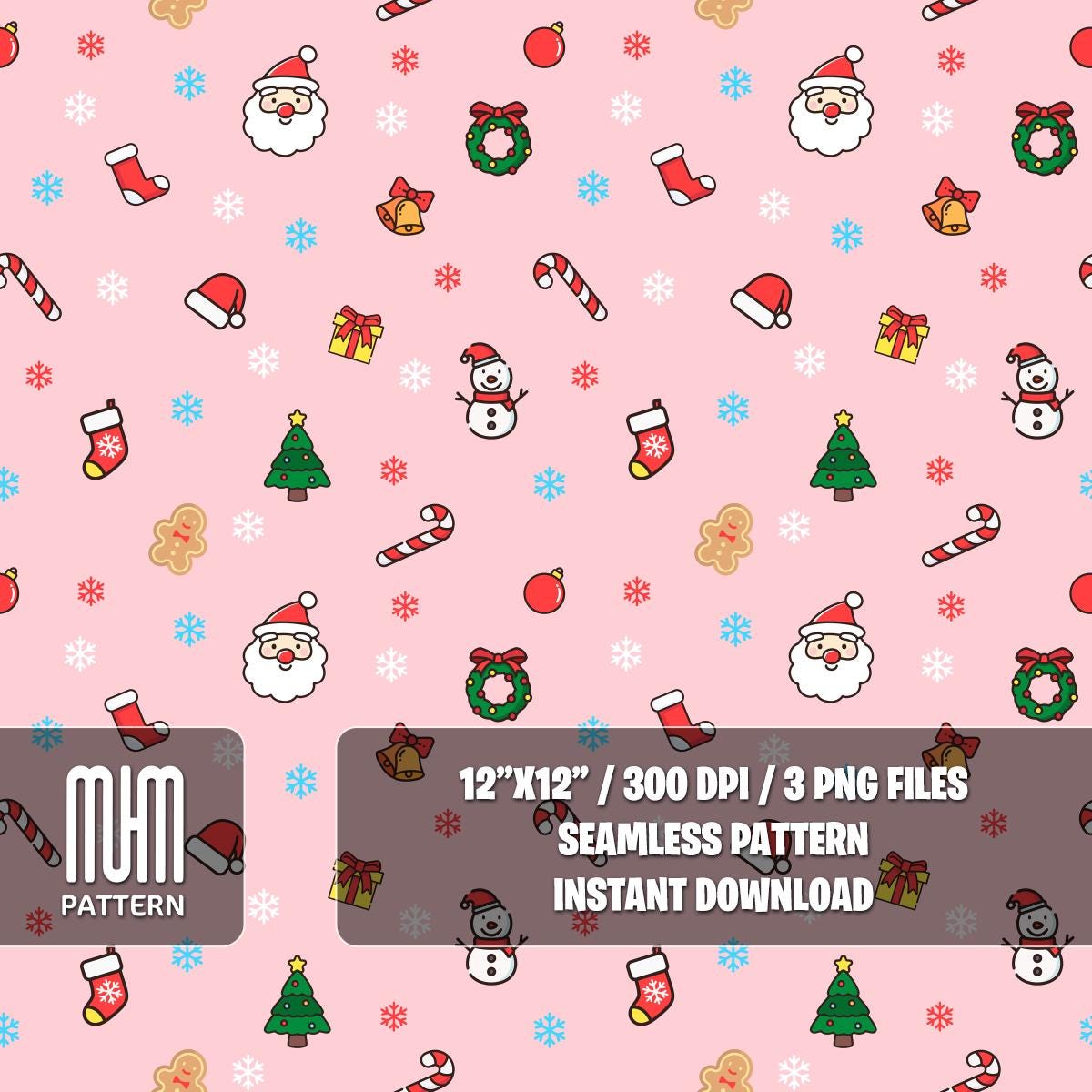 Seamless Pattern PNG, Merry Christmas, New Year, Colored Background, Xmas Noel Day, Fabric Design Sublimation, Ready for Textile Prints.