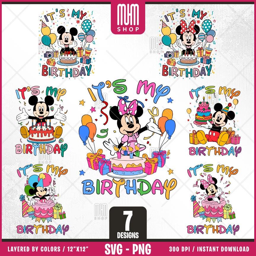 Mouse And Friends Its My Birthday Svg Png, 7 Designs Easy to use, Happy Birthday, Layered Svg by colors, Transparent Png, files for Cricut.