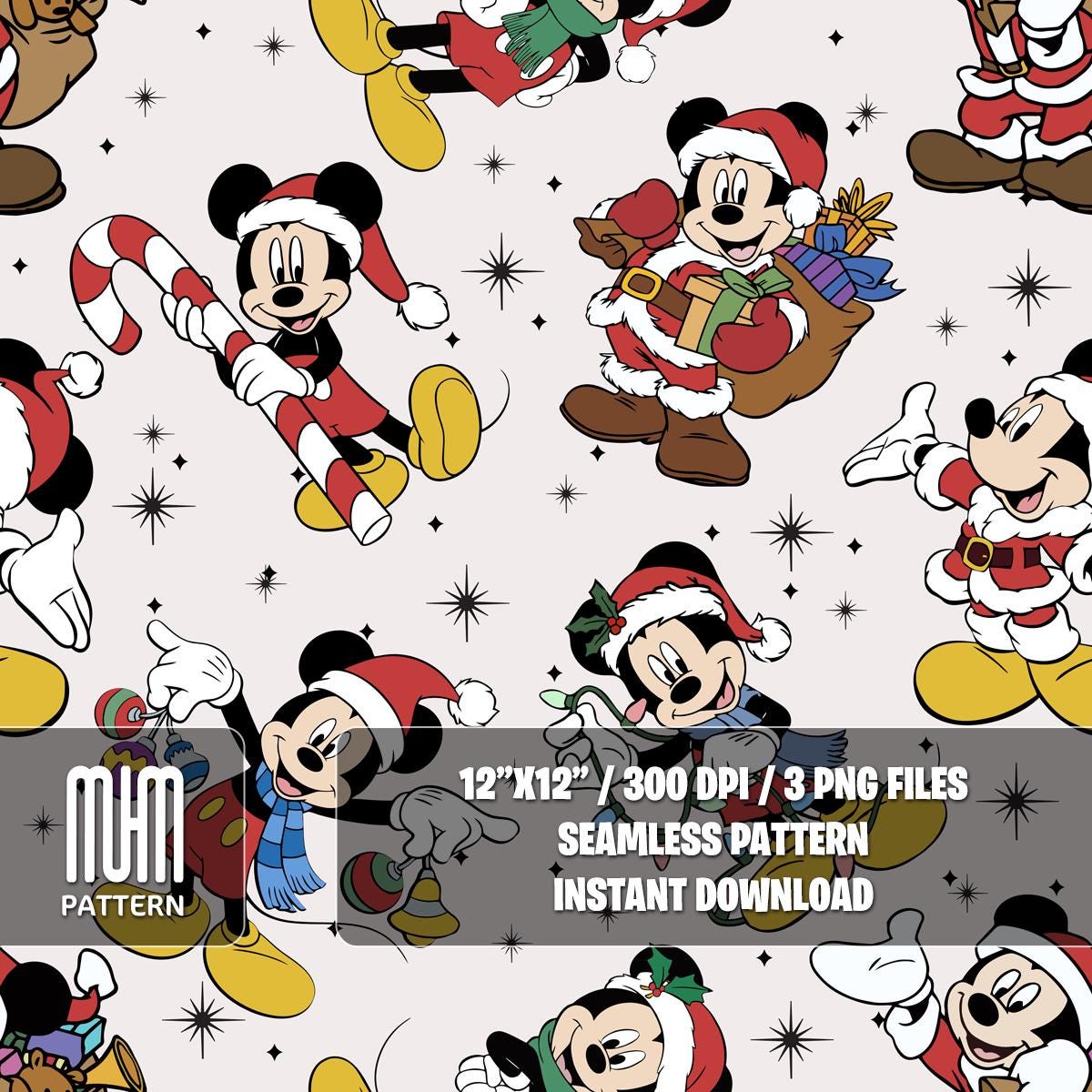 Seamless Pattern PNG, Merry Christmas, Mouse and Friends, Cartoon Characters, Noel Day, Fabric Design Sublimation, Ready for Textile Prints.