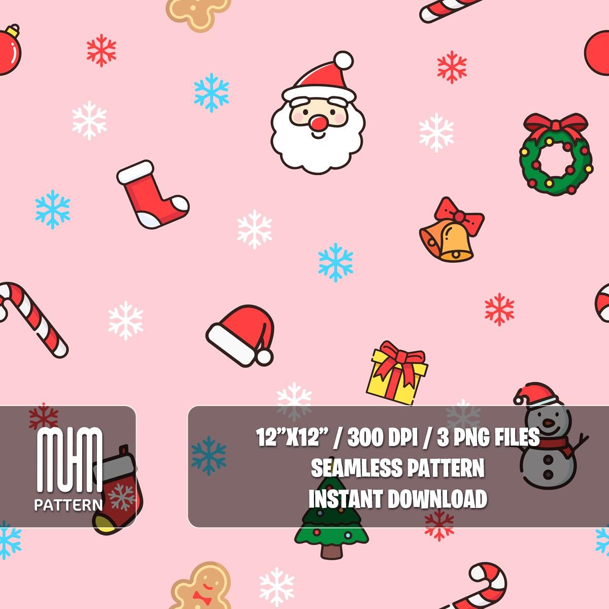 Seamless Pattern PNG, Merry Christmas, New Year, Colored Background, Xmas Noel Day, Fabric Design Sublimation, Ready for Textile Prints.